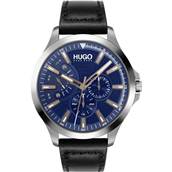 *HUGO Leap herreur, sort læderrem, mineralglas, 3bar, 45mm