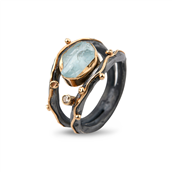 By Birdie Zeus Dubeca Aqua Raw ring sort rhodineret sølv og 14kt guld, aquamarin og brill. 0,05 ct (str. 52-60)