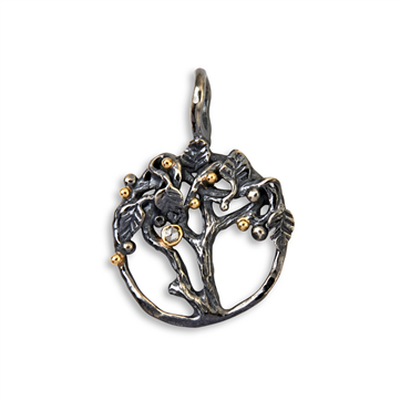 By Birdie Tree of Life Small vedhæng sort rhodineret sølv m.14kt. 0,05 ct brill