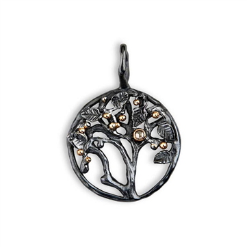 By Birdie Tree of Life Large vedhæng sort rhodineret sølv m.14kt. 0,05 ct brill