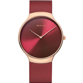 Bering unisex ur stål rød meshlænke rosegold urkasse 38mm safirglas