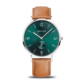 Bering Classic herreur stål brun læderrem grøn skive 40mm safirglas