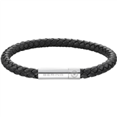 Bering Arctic Symphony sort læderarmbånd poleret stål (180-200mm)