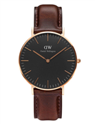 Daniel Wellington dameur Classic Black Bristol 36 mm, læderrem mørkebrun, stål rosaforgyldt