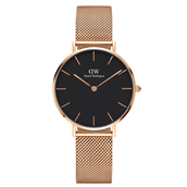 Daniel Wellington dameur Classic Petite Melrose 32 mm, sort skive, mesh lænke, stål rosaforgyldt