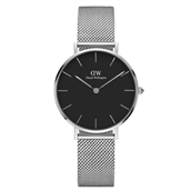 Daniel Wellington dameur Classic Petite Sterling 32 mm, sort skive, mesh lænke, stål
