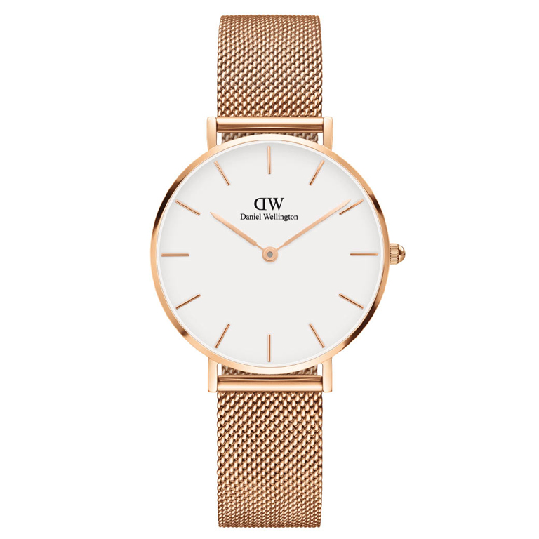 Wellington dameur Classic Petite Melrose 32 mm, hvid skive, mesh lænke, stål rosaforgyldt | Daniel Wellington ure - Køb hos pindj.dk