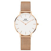 Daniel Wellington dameur Classic Petite Melrose 32 mm, hvid skive, mesh lænke, stål rosaforgyldt