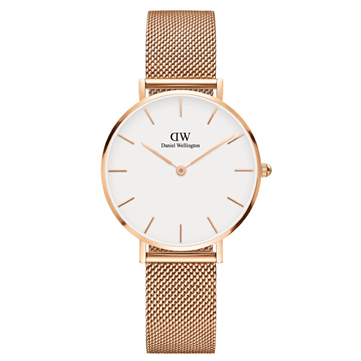 Daniel Wellington dameur Classic Petite Melrose 32 mm, hvid skive, mesh lænke, stål rosaforgyldt