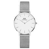 Daniel Wellington dameur Classic Petite Sterling 32 mm, hvid skive, mesh lænke, stål