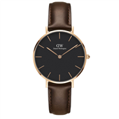Daniel Wellington dameur Classic Petite Bristol, 32 mm, sort skive, stål rosaforgyldt, brun læderrem  