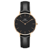 Daniel Wellington dameur Classic Petite Sheffield, 32 mm, sort skive, stål rosaforgyldt, sort læderrem  