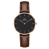 Daniel Wellington dameur Classic Petite St Mawes, 32 mm, sort skive, stål rosaforgyldt, brun læderrem  