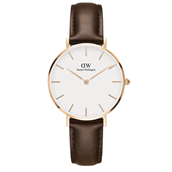 Daniel Wellington dameur Classic Petite Bristol, 32 mm, hvid skive, stål rosaforgyldt, brun læderrem  