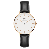 Daniel Wellington dameur Classic Petite Sheffield, 32 mm, hvid skive, stål rosaforgyldt, sort læderrem  