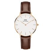 Daniel Wellington dameur Classic Petite St Mawes, 32 mm, hvid skive, stål rosaforgyldt, brun læderrem  