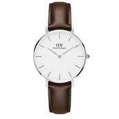 Daniel Wellington dameur Classic Petite Bristol, 32 mm, hvid skive, stål, brun læderrem  