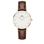 Daniel Wellington dameur Petite St Mawes, 32 mm, hvid skive, stål gulddoublé, brun læderrem  