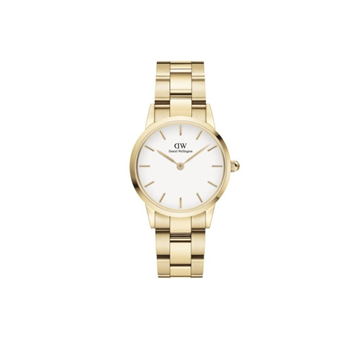 Daniel Wellington Iconic Link dameur 28 mm gulddoublé stål hvid skive