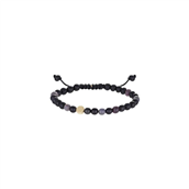 *Heiring Viro armbånd sorte obsidian, rubiner, safirer og 14kt guld coin på sort nylon snor 21cm