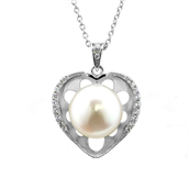 *By Pind halskæde sølv rhodineret med hjerte vedhæng med ferskvandsperle med zirkonia sten med rund ankerkæde (40, 45 eller 50cm)