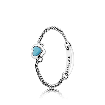 *Pandora Chain ring sølv hjerte med turkisblå krystal str. 54