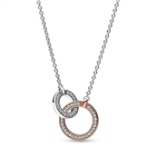 Pandora Signature halskæde to-tonet cirkler sølv + rosa m. cz 45cm