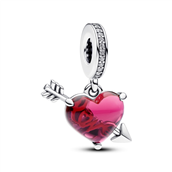 Pandora Rødt Hjerte og Pil Muranoglas charm sølv