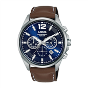 *Lorus Sports herreur stål chronograph blå skive brun læderrem 43mm 10bar