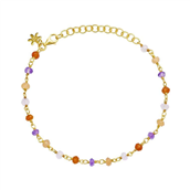Susanne Friis Bjørner armbånd forgyldt sølv m. facetslebne ametyst, karneol, peach månesten, rosakvarts (16-20 cm)