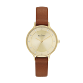 Skagen Designs, Dameur, stål forgyldt, gylden skive 30mm, brun læderrem