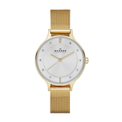 Skagen Designs Dameur, stål double, mesh lænke, hvid skive, krystaller