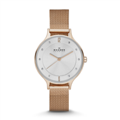 *Skagen Designs Dameur, stål rosadouble, mesh lænke, hvid skive, krystaller
