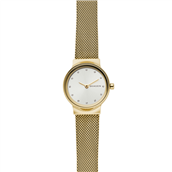 Skagen Designs Freja dameur stål gulddouble mesh lænke 26 mm sølv skive