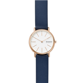Skagen Designs Dameur, blå læderrem, 30mm, hvid skive, 3atm