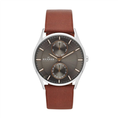 Skagen Designs Herreur, stål, grå skive 40mm., dag + dato, brun læderrem