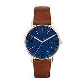 Skagen Designs Signatur herreur stål brun læderrem blå skive 