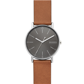 Skagen Signatur herreur stål brun læderrem grå skive 40mm mineralglas