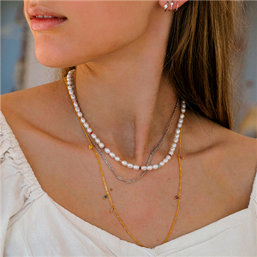 STINE A halskæde White Pearl And Candy Stones sølv forgyldt ferskvandsperler og facetslebne ædelsten (40 + 7cm)